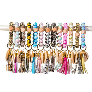 2022 hot sale Silicone Beaded Bracelet Key chain, Key Ring Bangle Wristlet Keychain with Leather Tassel &wooden disc