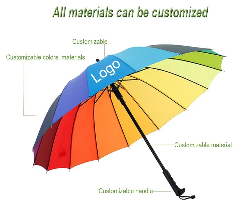 Wholesale Black Metal Shaft 16 Ribs Stick Rain Straight Rainbow Colour Rainbow Umbrella