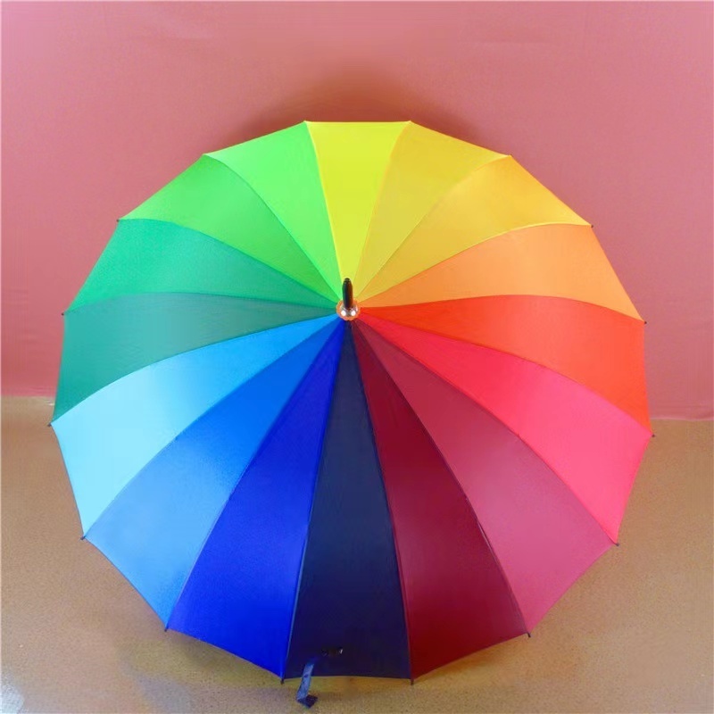 Wholesale Black Metal Shaft 16 Ribs Stick Rain Straight Rainbow Colour Rainbow Umbrella