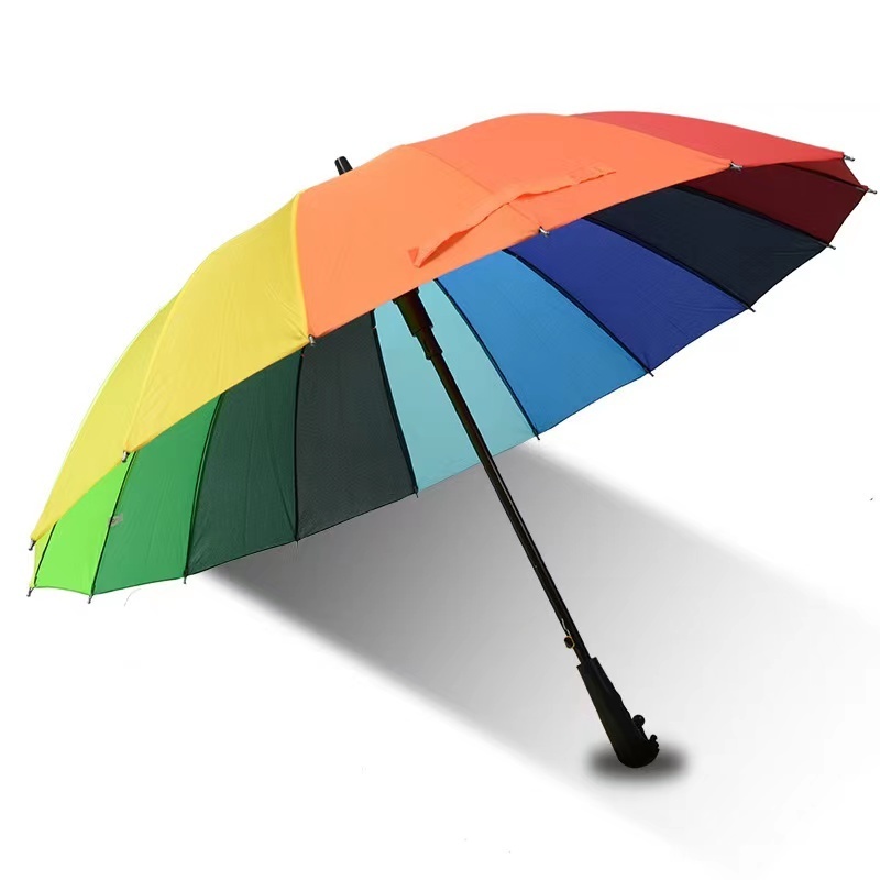 Wholesale Black Metal Shaft 16 Ribs Stick Rain Straight Rainbow Colour Rainbow Umbrella