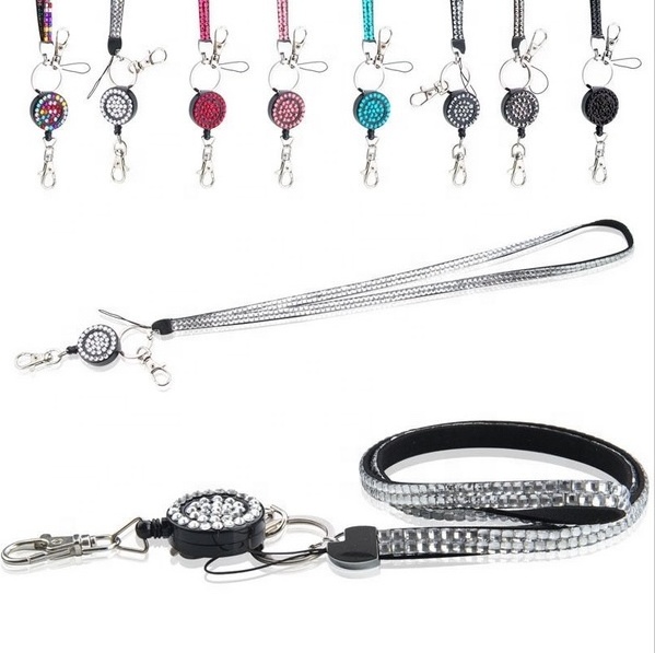 Retractable ID Badge Lanyard Bling Crystal Rhinestone Neck Lanyard With Badge Reel