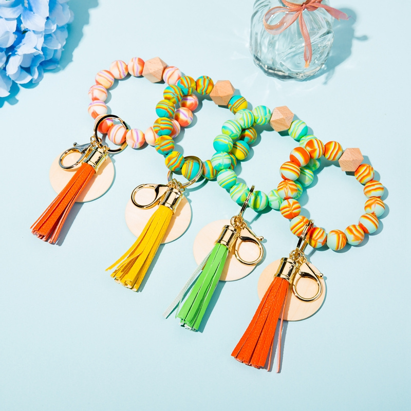 2022 hot sale Silicone Beaded Bracelet Key chain, Key Ring Bangle Wristlet Keychain with Leather Tassel &wooden disc