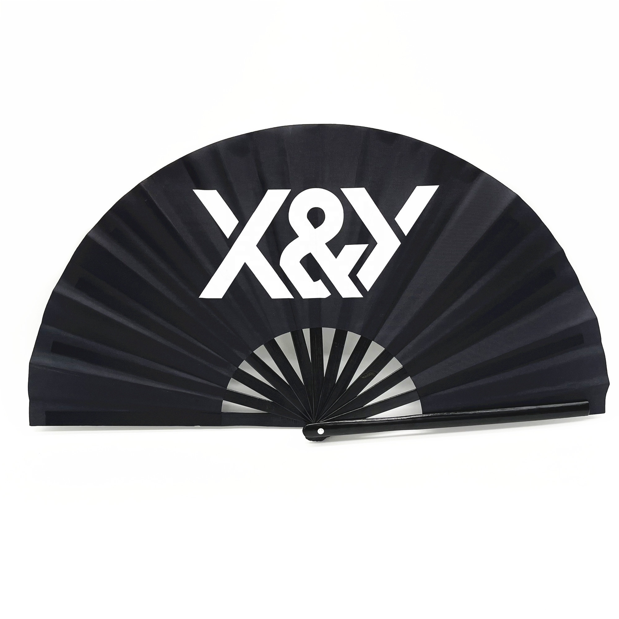 Customized Big folding Bamboo Hand Fan Fabric Logo Black Hand Held Fan personalized hand fan