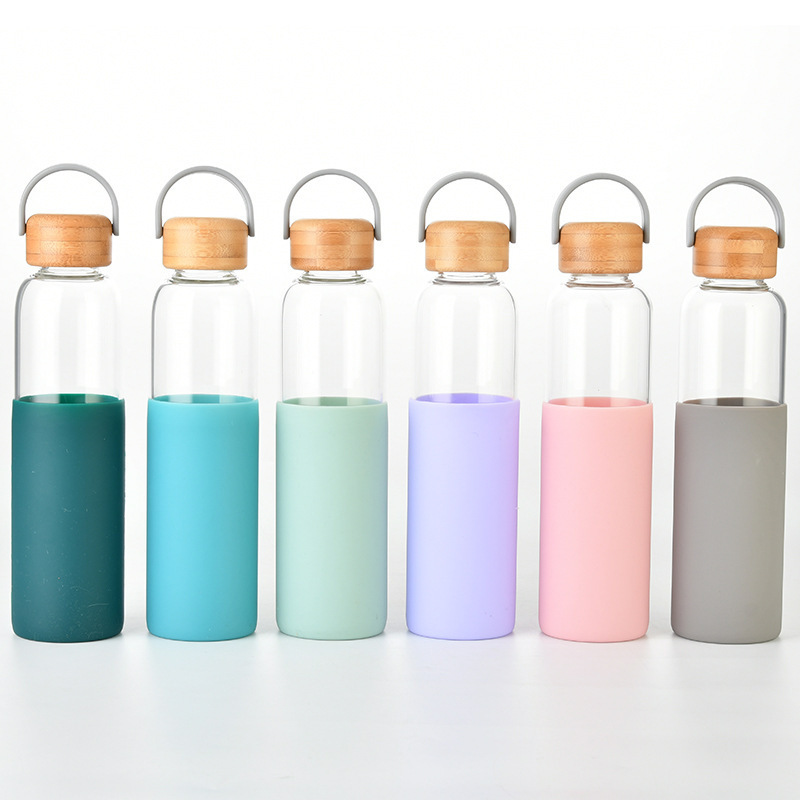 BSBH Transparent Glass Water Bottle With Silicone Sleeve and Bamboo Lid