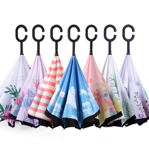 BSBH New Inverse Car Pink Umbrellas Logo Custom Double Layer Summer Umbrella Inside Out C Shape Handle Reverse Umbrella