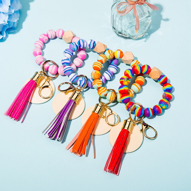 2022 hot sale Silicone Beaded Bracelet Key chain, Key Ring Bangle Wristlet Keychain with Leather Tassel &wooden disc