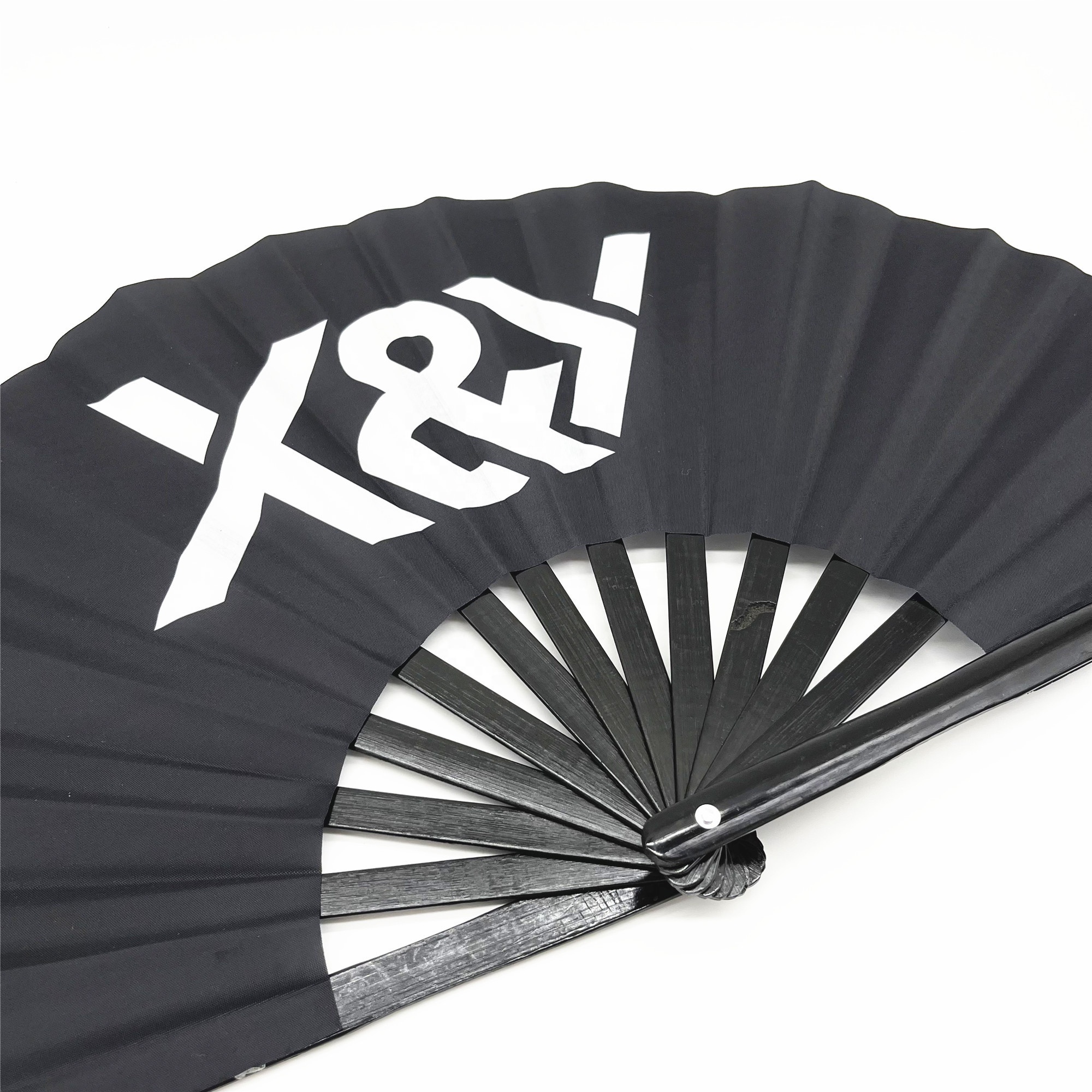 Customized Big folding Bamboo Hand Fan Fabric Logo Black Hand Held Fan personalized hand fan