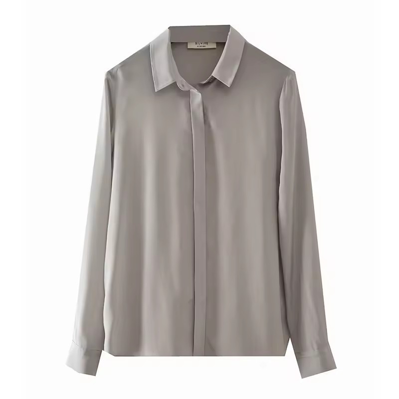 High Quality In Stock Spring Silk Shirt Ladies Wear Solid Colors Long Sleeve Women Blouses Sleek And Minimalist Style Shirts