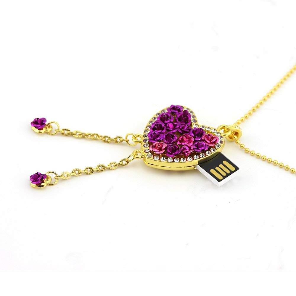 Rose Heart Shape 32GB USB 2.0 Flash Drive Diamond  Necklace Pendant Thumb Drive Memory Stick Pendrive Jewelry Gift Purple