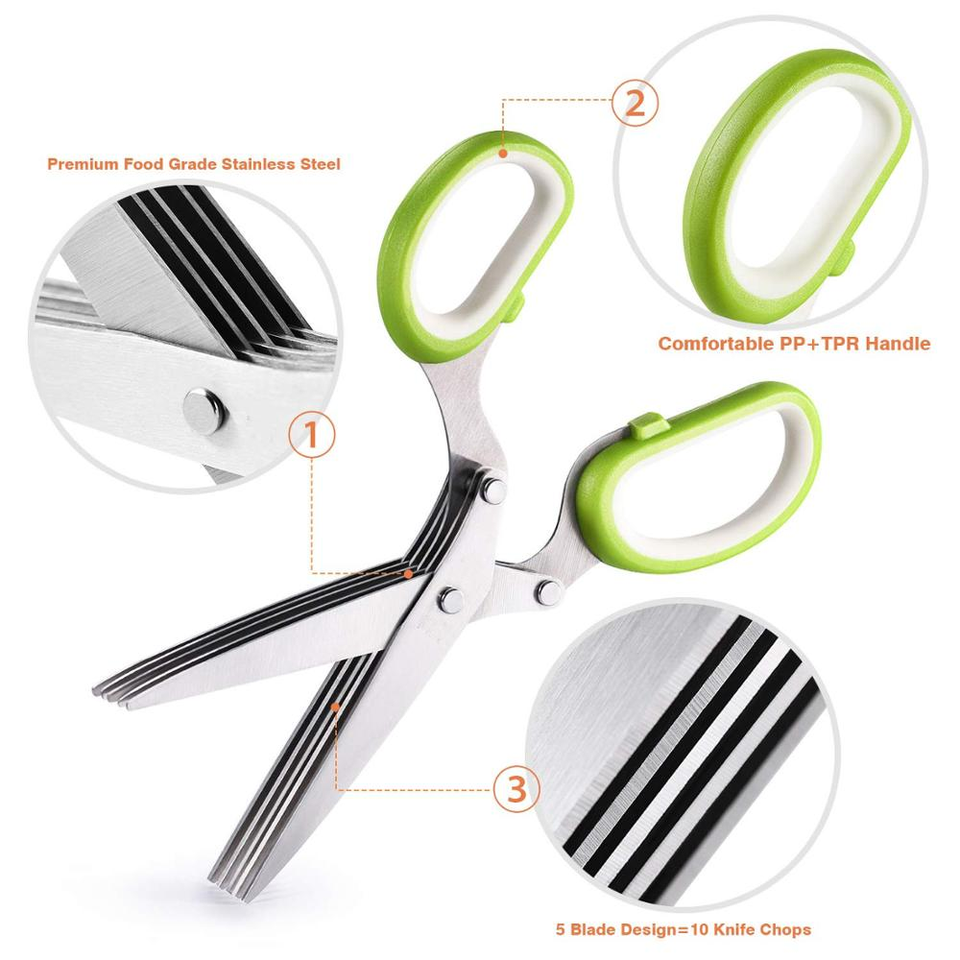 Herb Scissors With 5 Blades And Cover Cool Kitchen Gadgets Cutting Shredded Lettuce Fresh Onion kitchen scissor  & shear