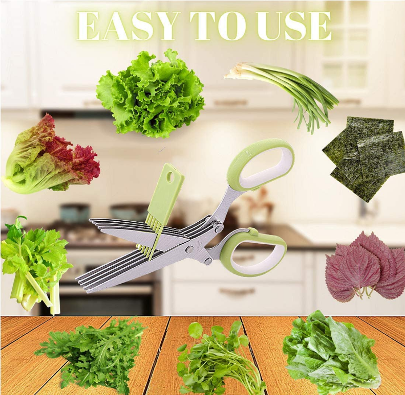 Herb Scissors With 5 Blades And Cover Cool Kitchen Gadgets Cutting Shredded Lettuce Fresh Onion kitchen scissor  & shear