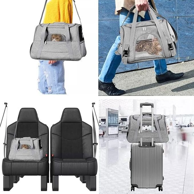 Travel carrying bag approved by airline, pet pocket with breathable mesh window, portable handbag with locking safety zipper