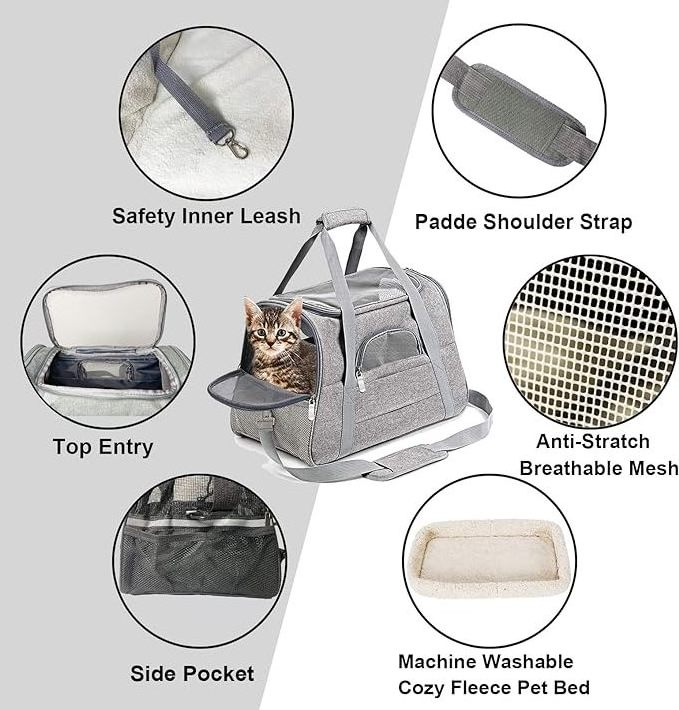 Travel carrying bag approved by airline, pet pocket with breathable mesh window, portable handbag with locking safety zipper