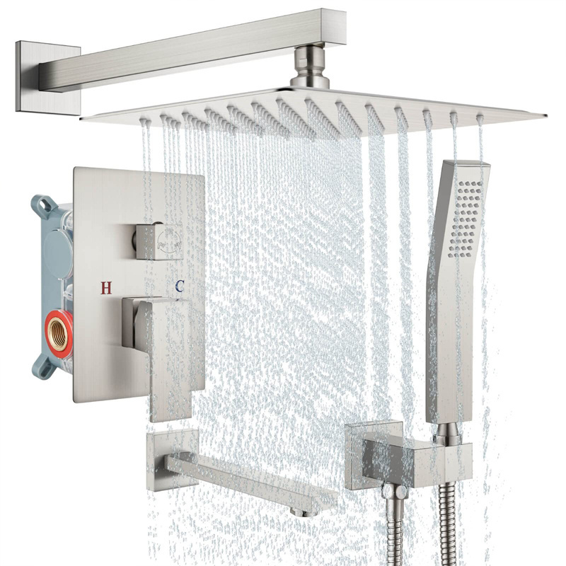 Bathroom Luxury Rain Mixer Shower Combo Set Wall Mounted Rainfall Shower Head System Brushed Nickel Finish Shower Faucet