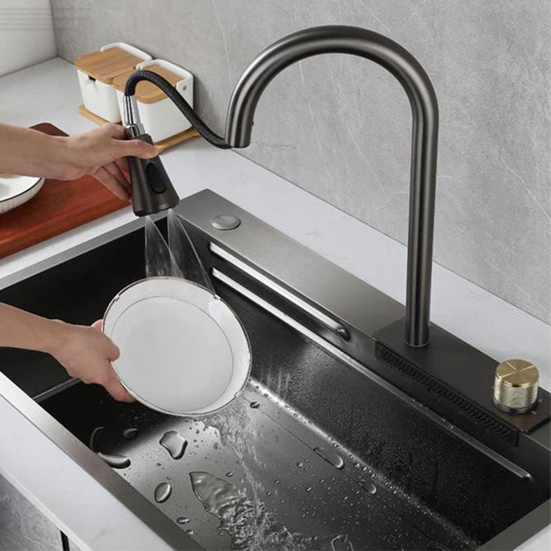 modern stainless steel handmade kitchen sink with waterfall faucet