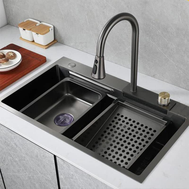 modern stainless steel handmade kitchen sink with waterfall faucet