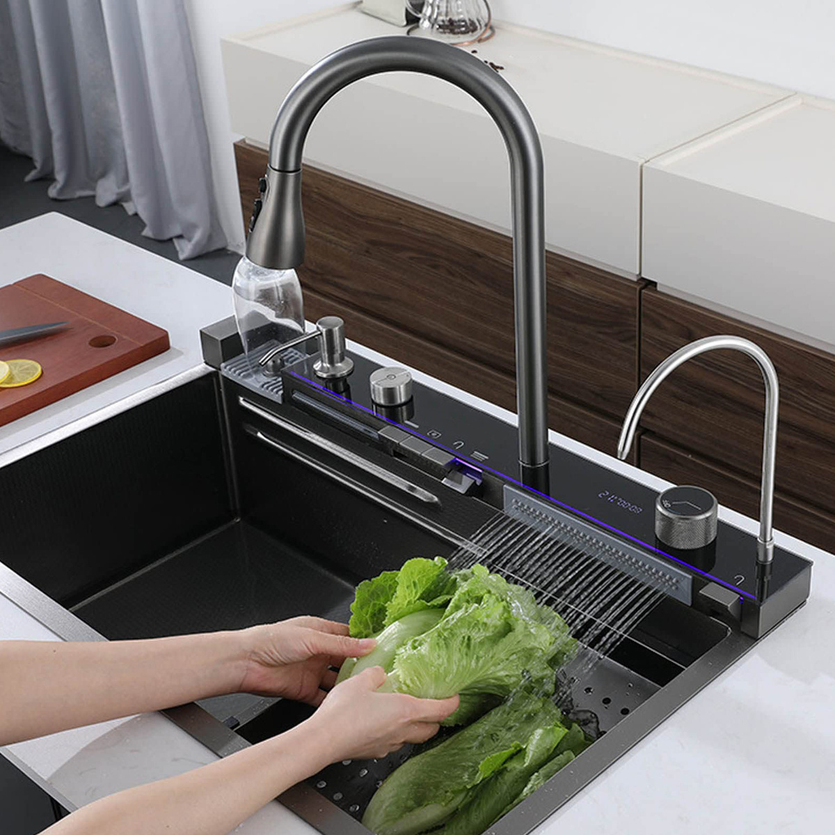 Multifunctional Digital Display Smart Sink Pull-Out Faucet Stainless Steel Waterfall Kitchen Sink