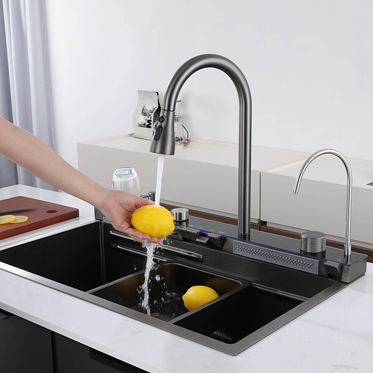 Digital Display Pull-Out Faucet Smart Kitchen Sink Glass Washer Black Kitchen Sinks