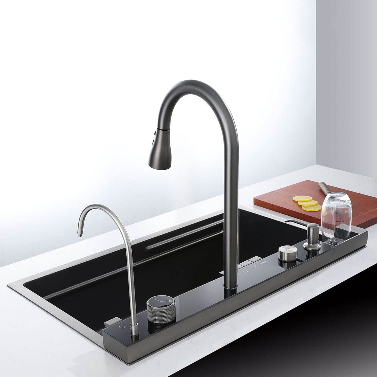 Digital Display Pull-Out Faucet Smart Kitchen Sink Glass Washer Black Kitchen Sinks