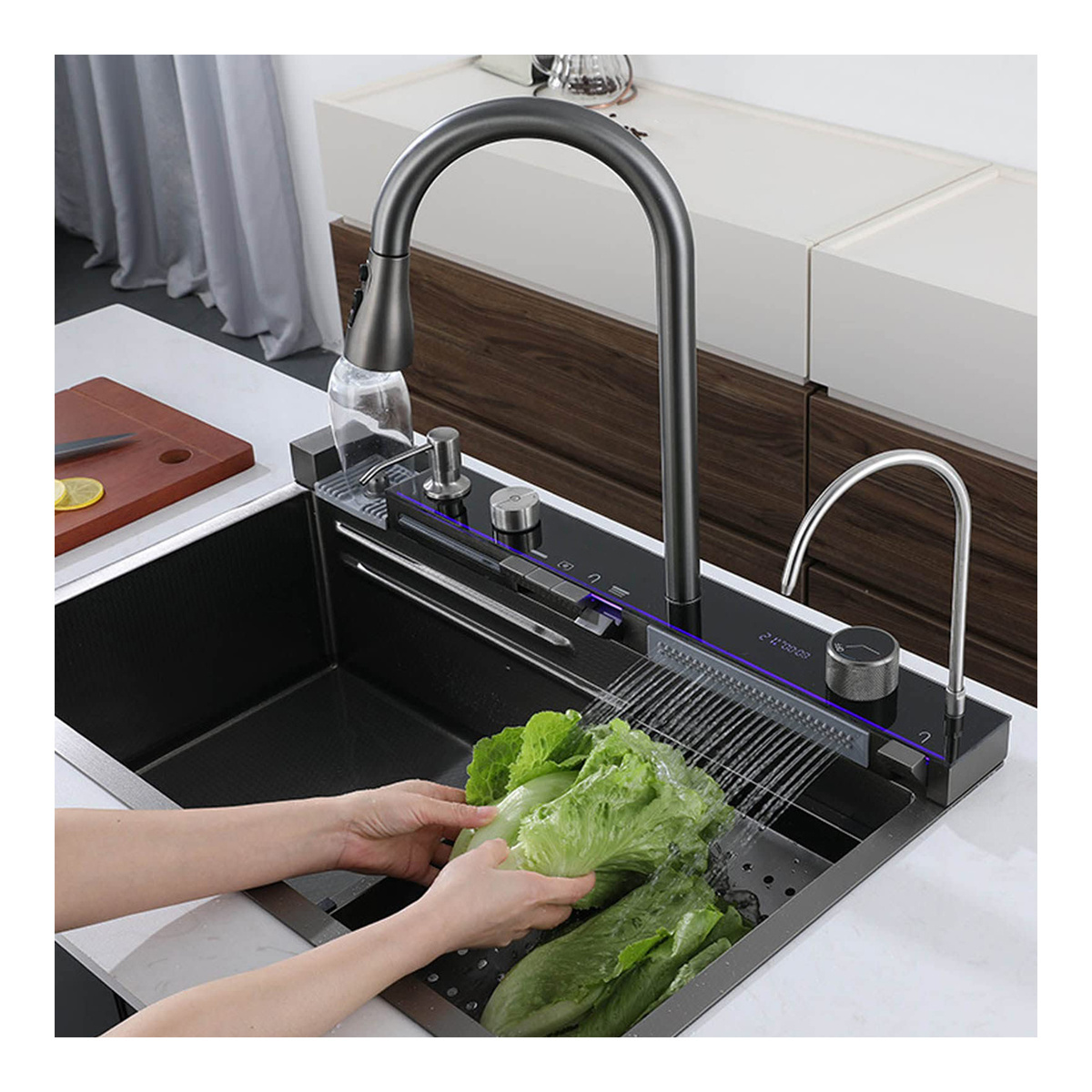 Digital Display Pull-Out Faucet Smart Kitchen Sink Glass Washer Black Kitchen Sinks