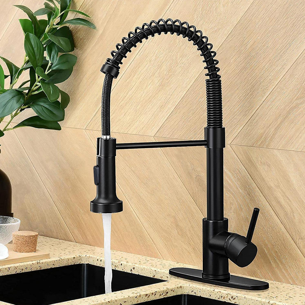 Modern Flexible 304 Stainless Steel Black Spring Sprayer Pull Down 360 Rotation Mixer Water Kitchen Faucet