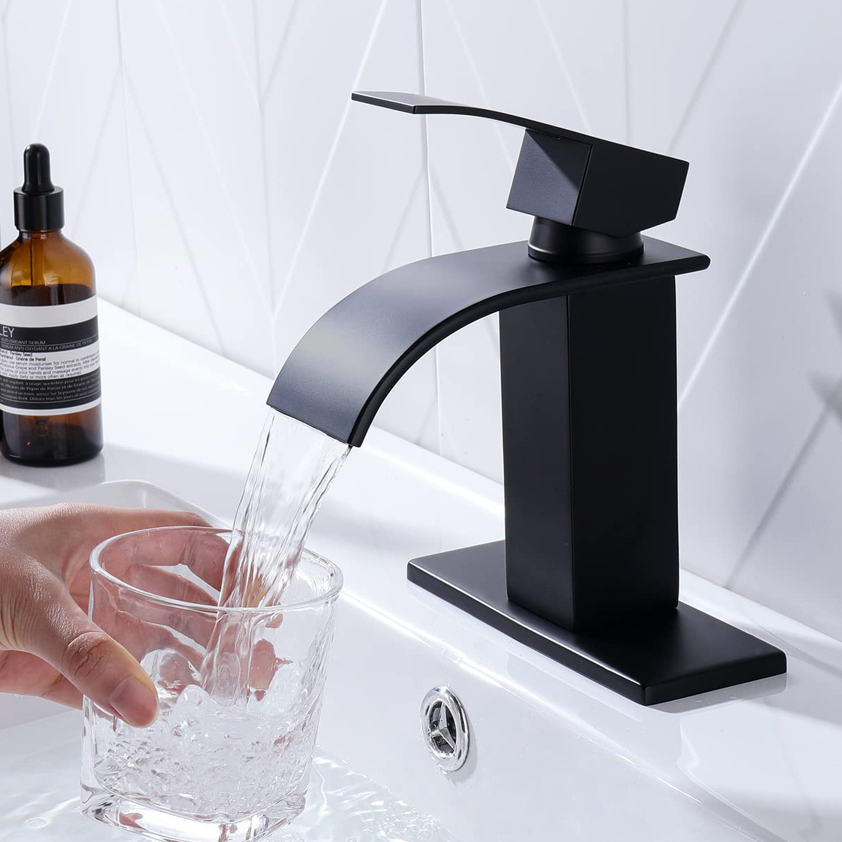 Fransiton Black Stainless Steel Waterfall Bathroom Sink Faucet