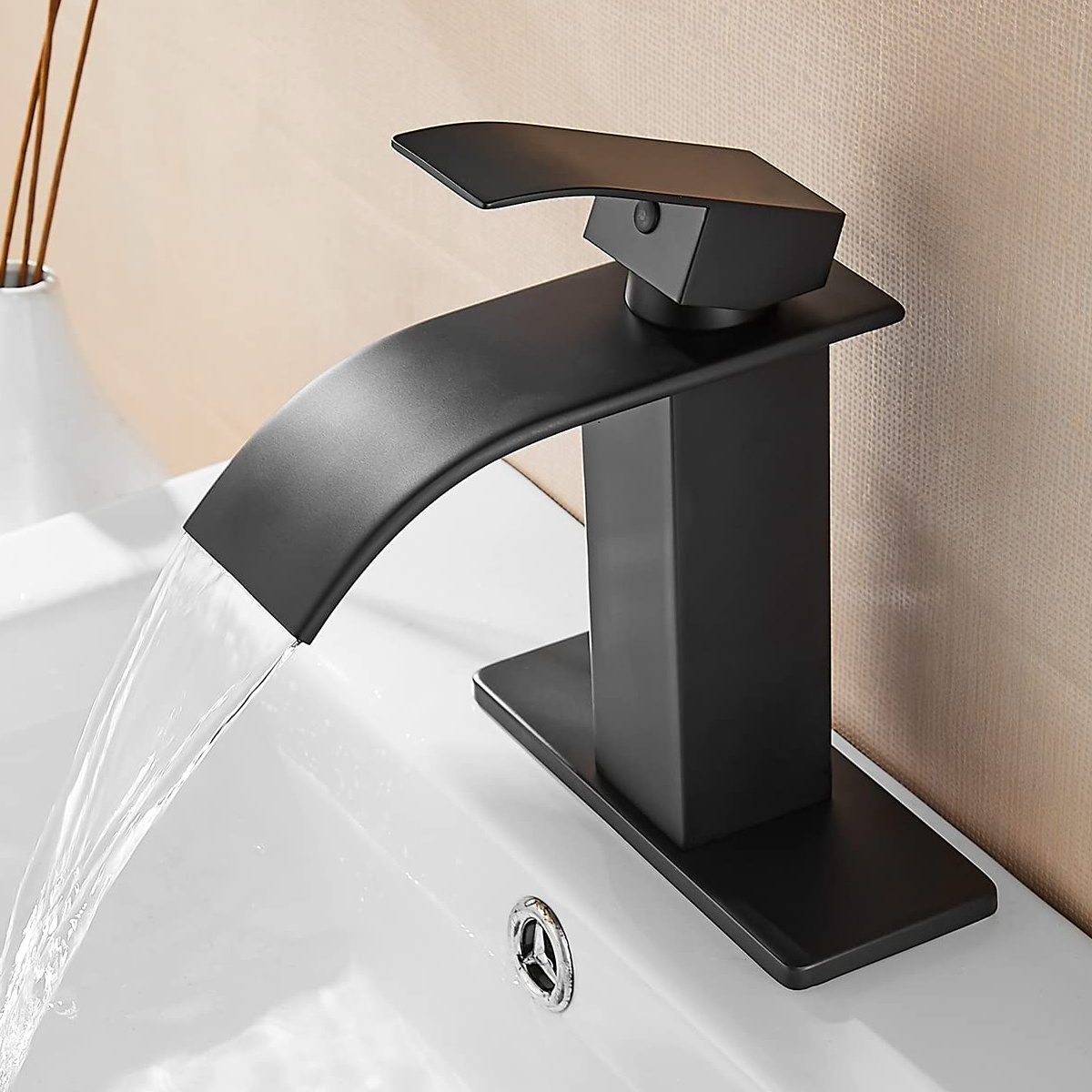 Fransiton Black Stainless Steel Waterfall Bathroom Sink Faucet