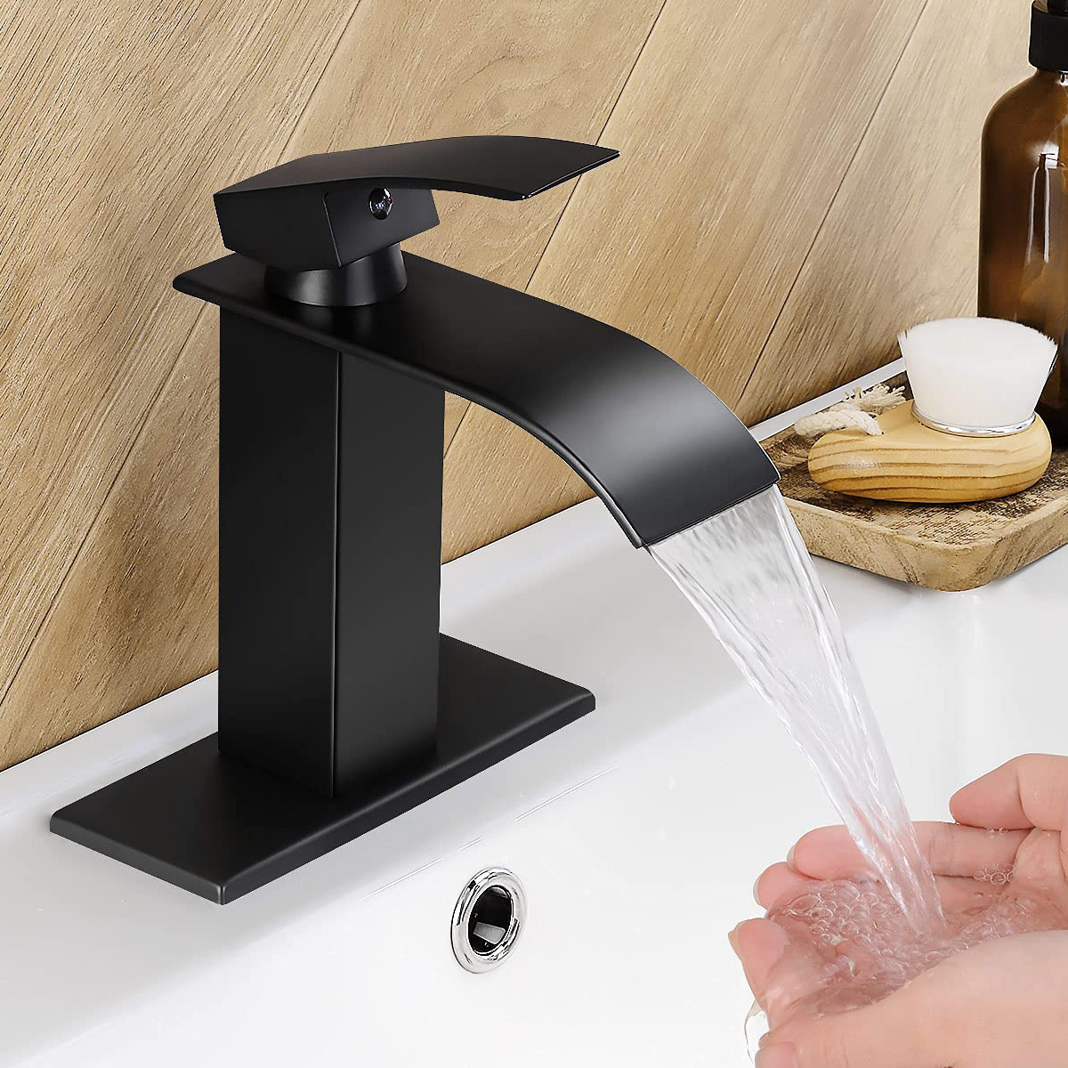 Fransiton Black Stainless Steel Waterfall Bathroom Sink Faucet