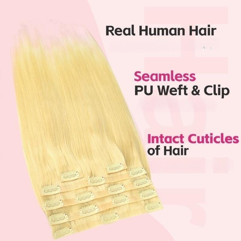 12 Inch Wholesale 613# 100% Human Hair Extensions With BB Clips And PU Weft In Intact Cuticle Blonde Human Hair Extension