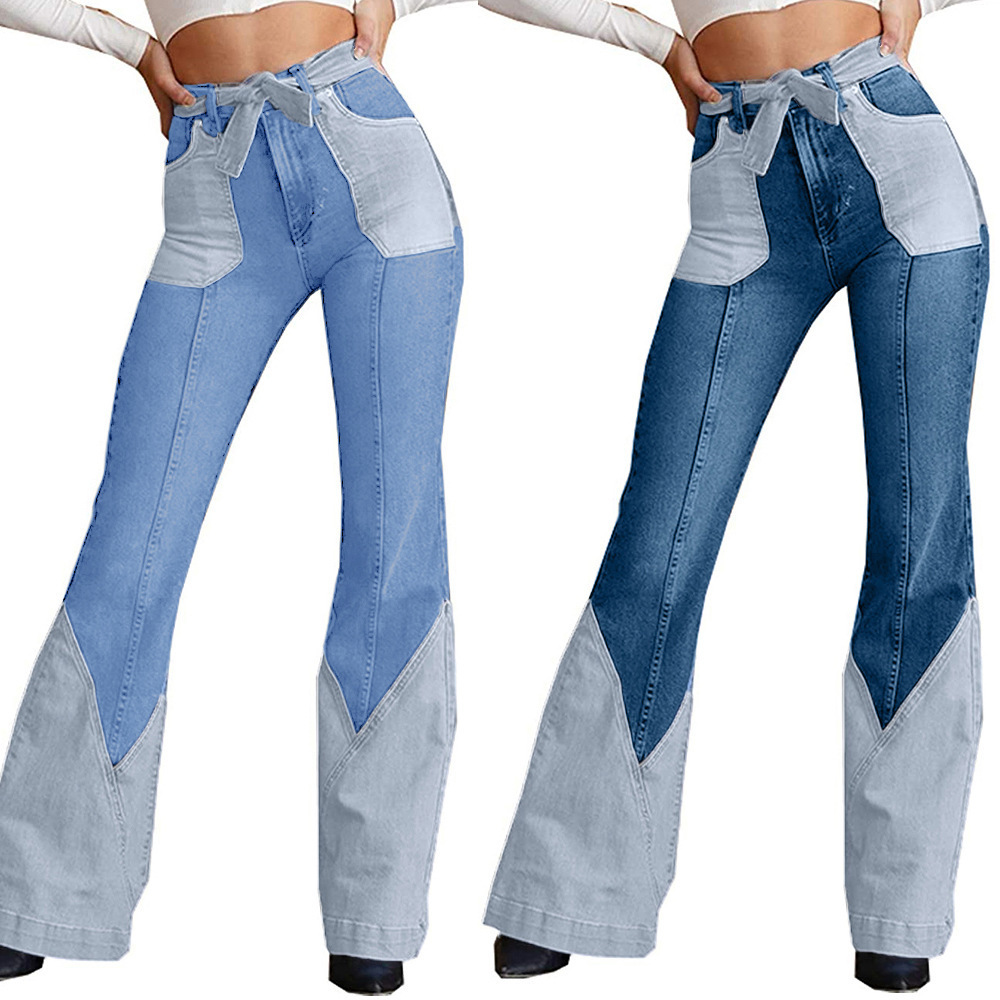 Custom high quality stretch jeans women vintage flared pants patchwork cloth