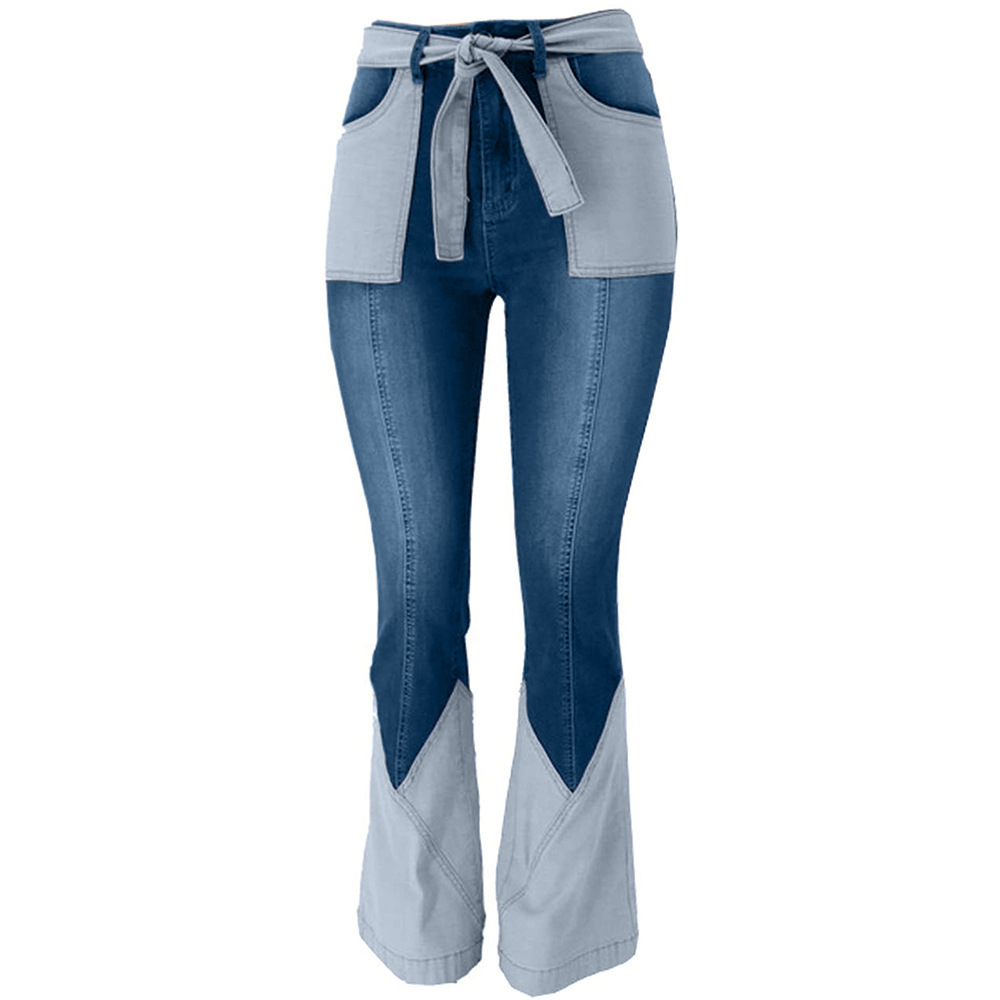 Custom high quality stretch jeans women vintage flared pants patchwork cloth