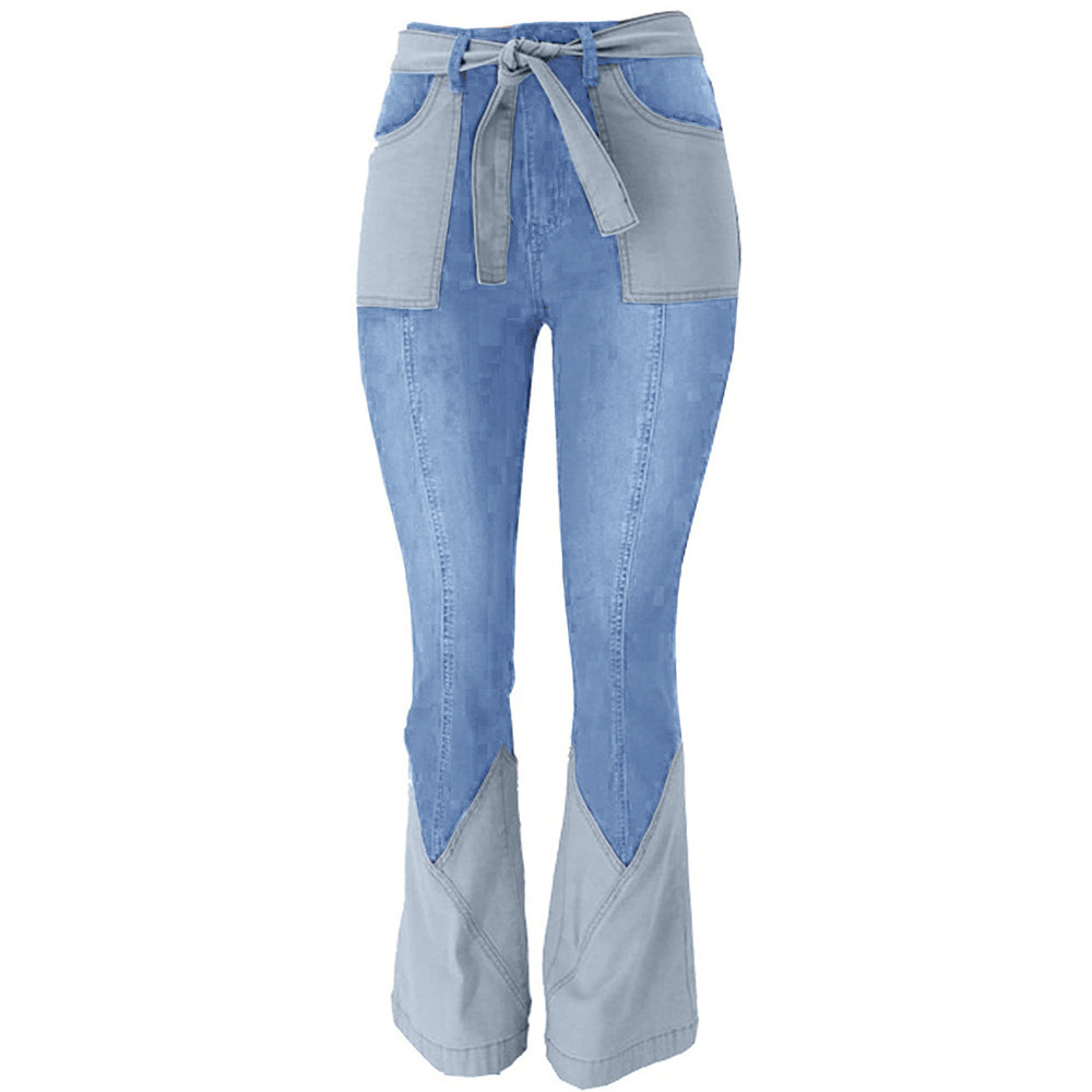 Custom high quality stretch jeans women vintage flared pants patchwork cloth