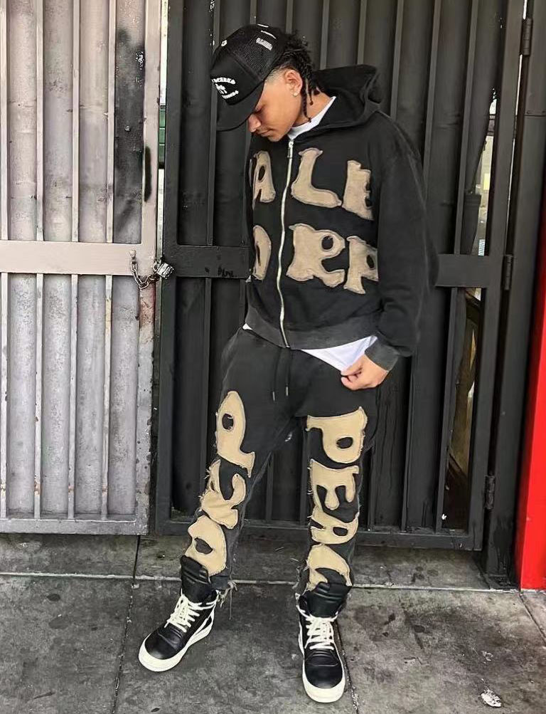 Custom tracksuit men streetwear distressed patch cut and sew patchwork hoodie and sweatpants set sweatsuit