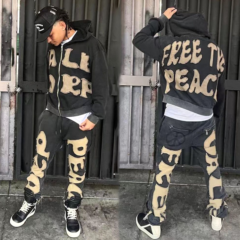 Custom tracksuit men streetwear distressed patch cut and sew patchwork hoodie and sweatpants set sweatsuit