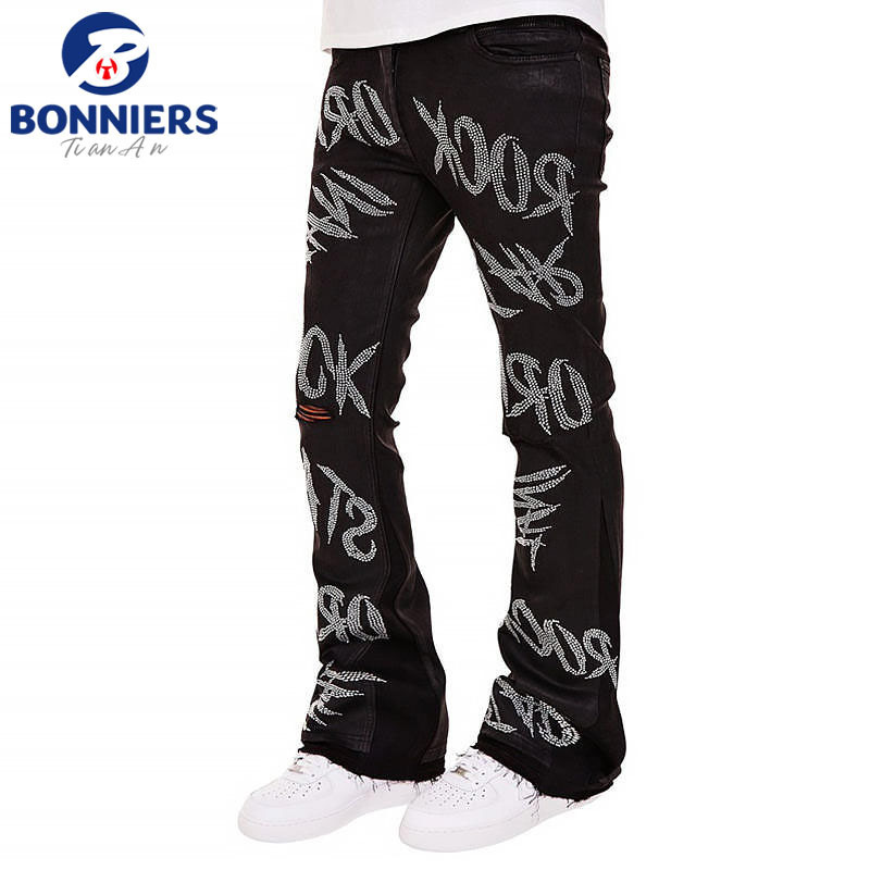 OEM/ODM Custom Men Baggy Designer new men coat pant designs Rhinestone Jeans Letter Wide Leg Men Jeans