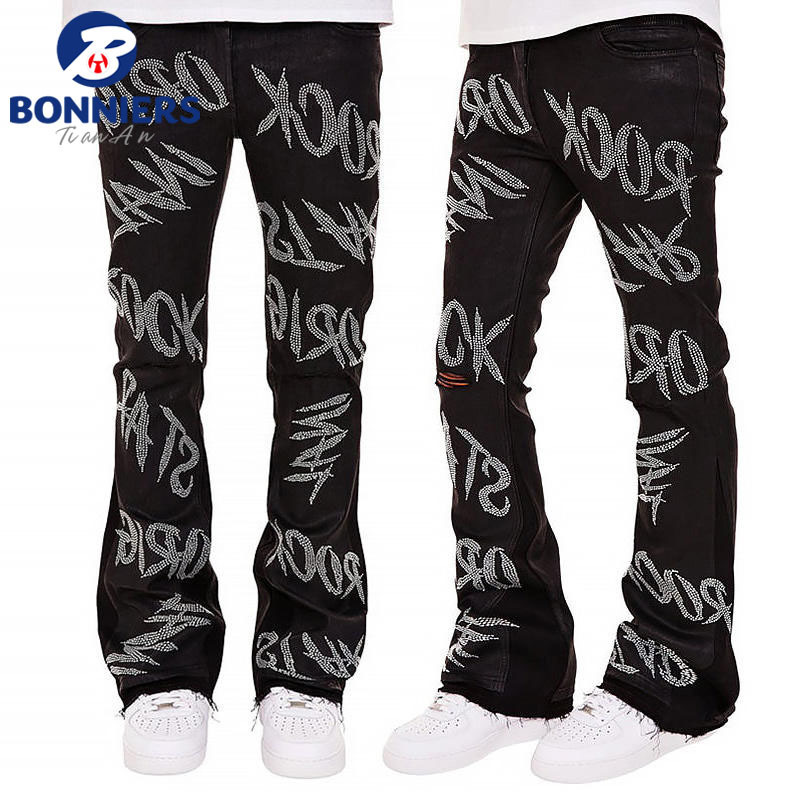 OEM/ODM Custom Men Baggy Designer new men coat pant designs Rhinestone Jeans Letter Wide Leg Men Jeans