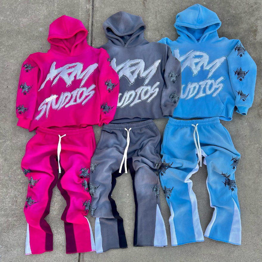 Custom Cotton Acid Wash Dropped Shoulder Jogger Men'S Suit Heavyweight Puff Printing Men Pullover Hoodie And Sweat Pants Sets