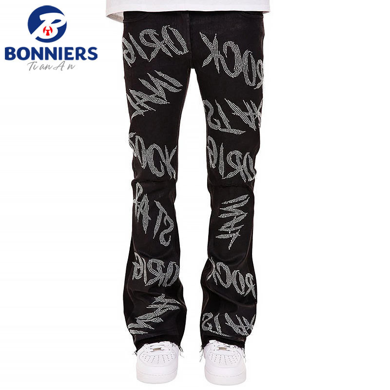 OEM/ODM Custom Men Baggy Designer new men coat pant designs Rhinestone Jeans Letter Wide Leg Men Jeans