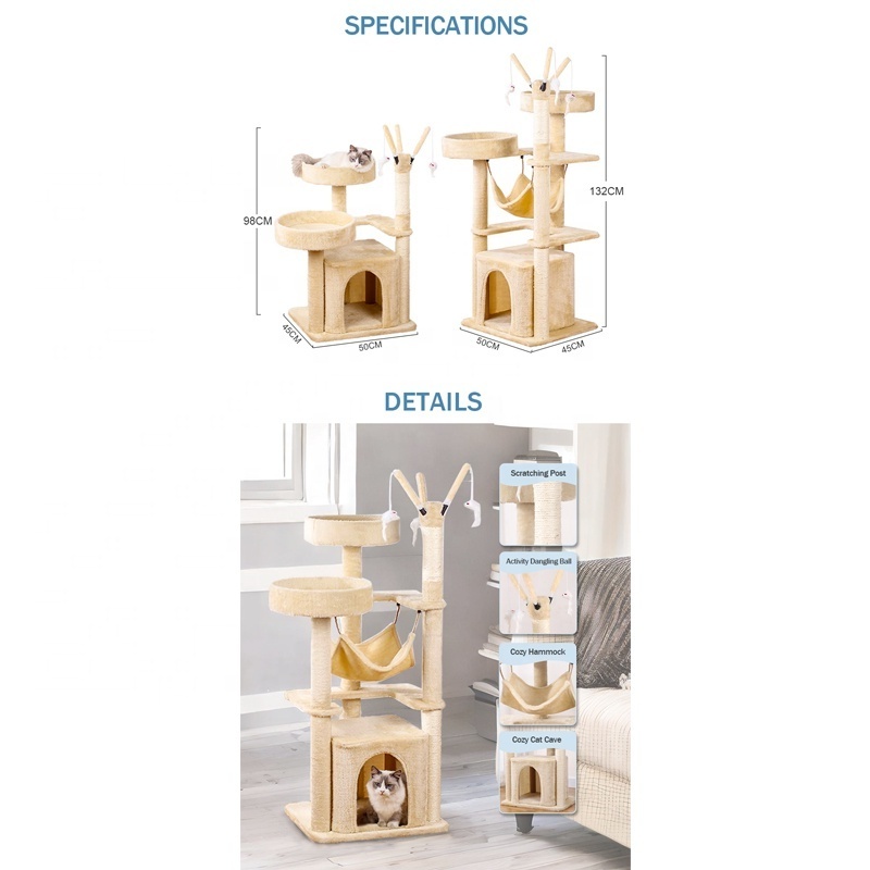 Bunnyhi MPJ001 High Quality Plush Multi-Level Cat Condo Furniture Cat Tower Tree With Cozy Hammock And Cats Scratching Post