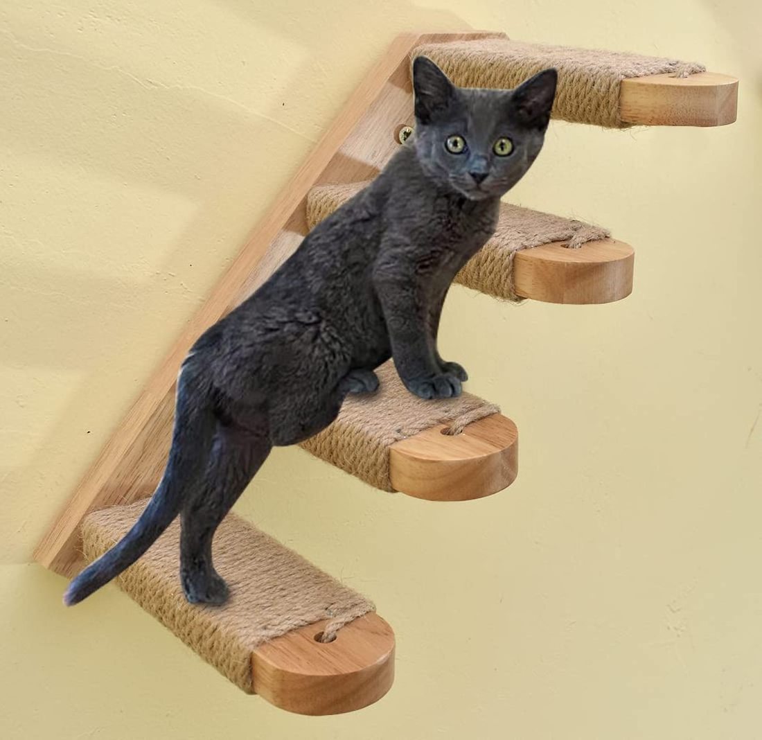 Bunnyhi MPJ007 Wooden Shelf Wall Mounted Cats Perch Platform Supplies Four Step Cat Stairway Cat Tree Wall Climbing Frame