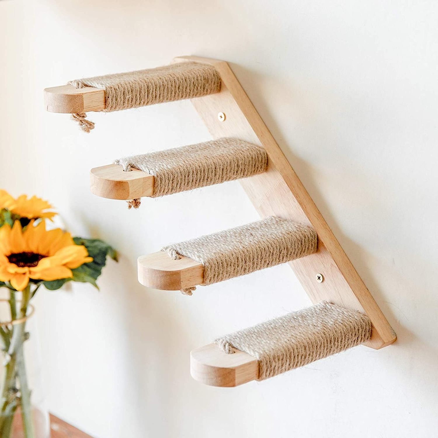 Bunnyhi MPJ007 Wooden Shelf Wall Mounted Cats Perch Platform Supplies Four Step Cat Stairway Cat Tree Wall Climbing Frame