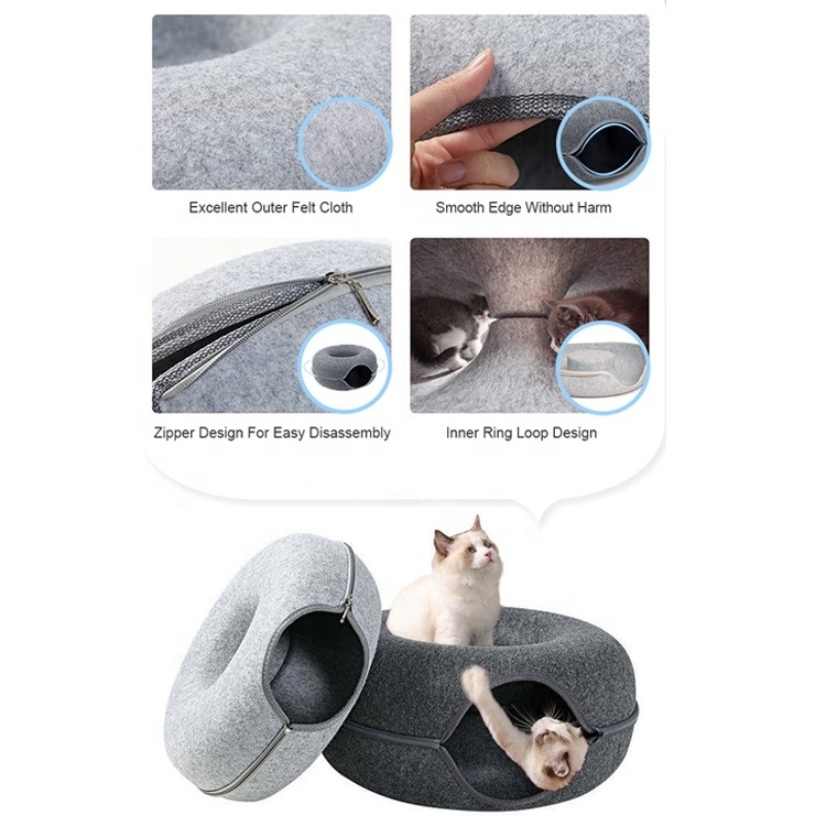 BunnyHi MSD002 Fashion Cute Pet Home Donut Shape Removable Zippered Kitten Cat Donut Bed House Nest Pet Felt Cat Tunnel Bed