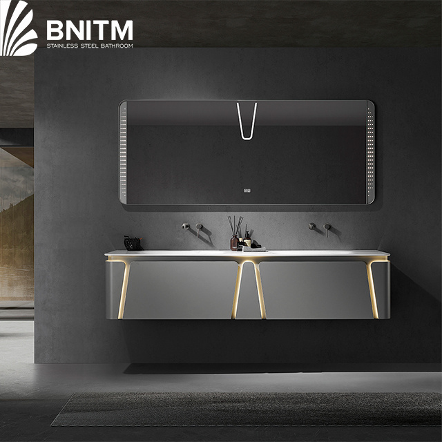 BNITM New Style Light Luxury silver color Bathroom Cabinet Custom Smart Mirror Double Sink Bathroom Vanities With Sink