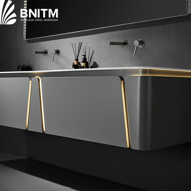 BNITM New Style Light Luxury silver color Bathroom Cabinet Custom Smart Mirror Double Sink Bathroom Vanities With Sink