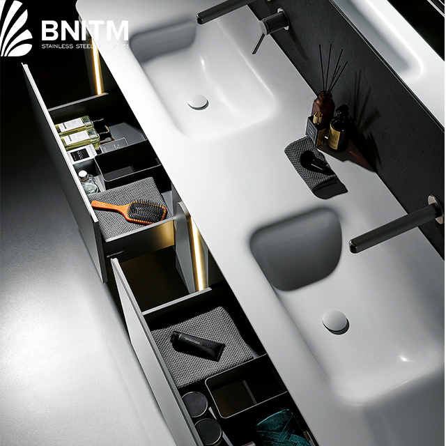 BNITM New Style Light Luxury silver color Bathroom Cabinet Custom Smart Mirror Double Sink Bathroom Vanities With Sink