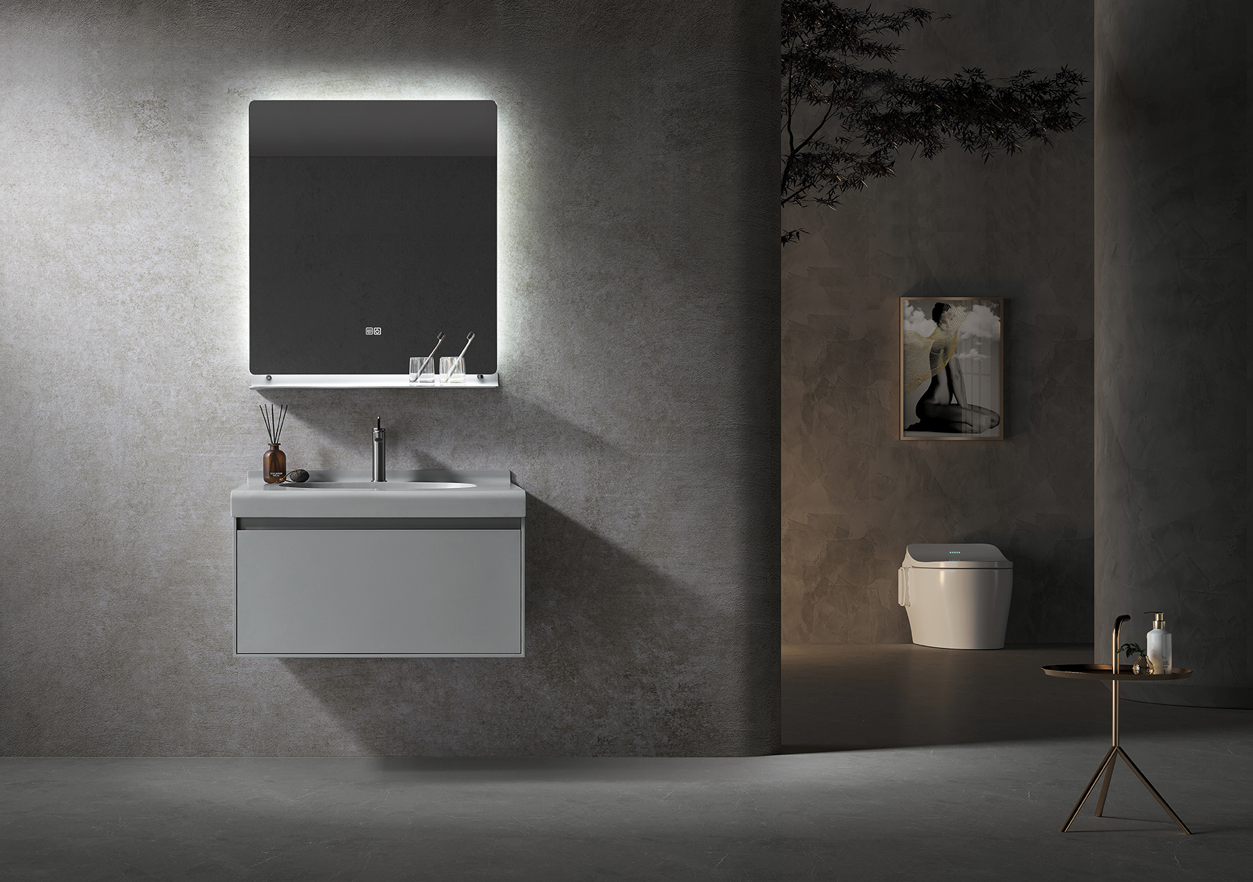 BNITM Modern Rectangle Bathroom Vanity Cabinet Unique Designer Wall-Mounted Steel Corner Vanity with LED Light Mirror Home