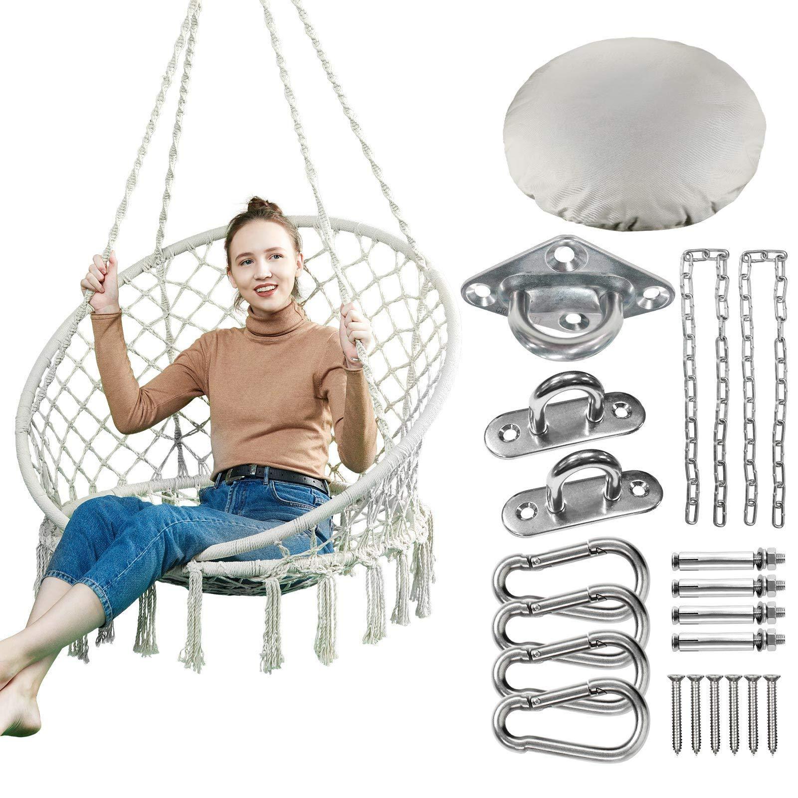 Comfortable Hanging Chairs Max 330 Lbs Macrame Swing Hammock Chair With Cushion and Hanging Hardware Kits