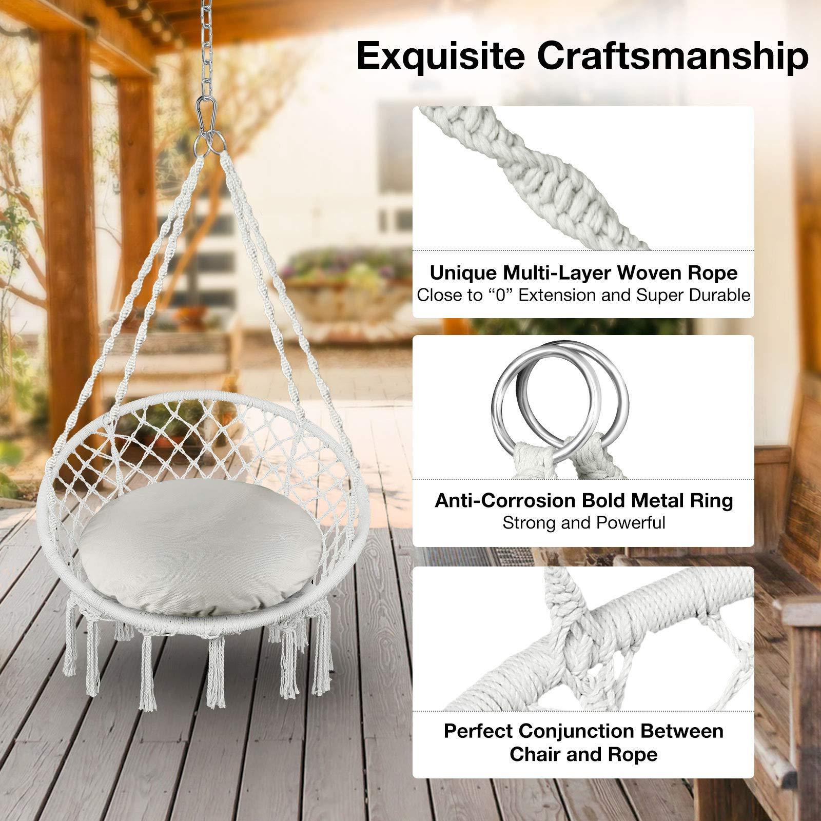 Comfortable Hanging Chairs Max 330 Lbs Macrame Swing Hammock Chair With Cushion and Hanging Hardware Kits