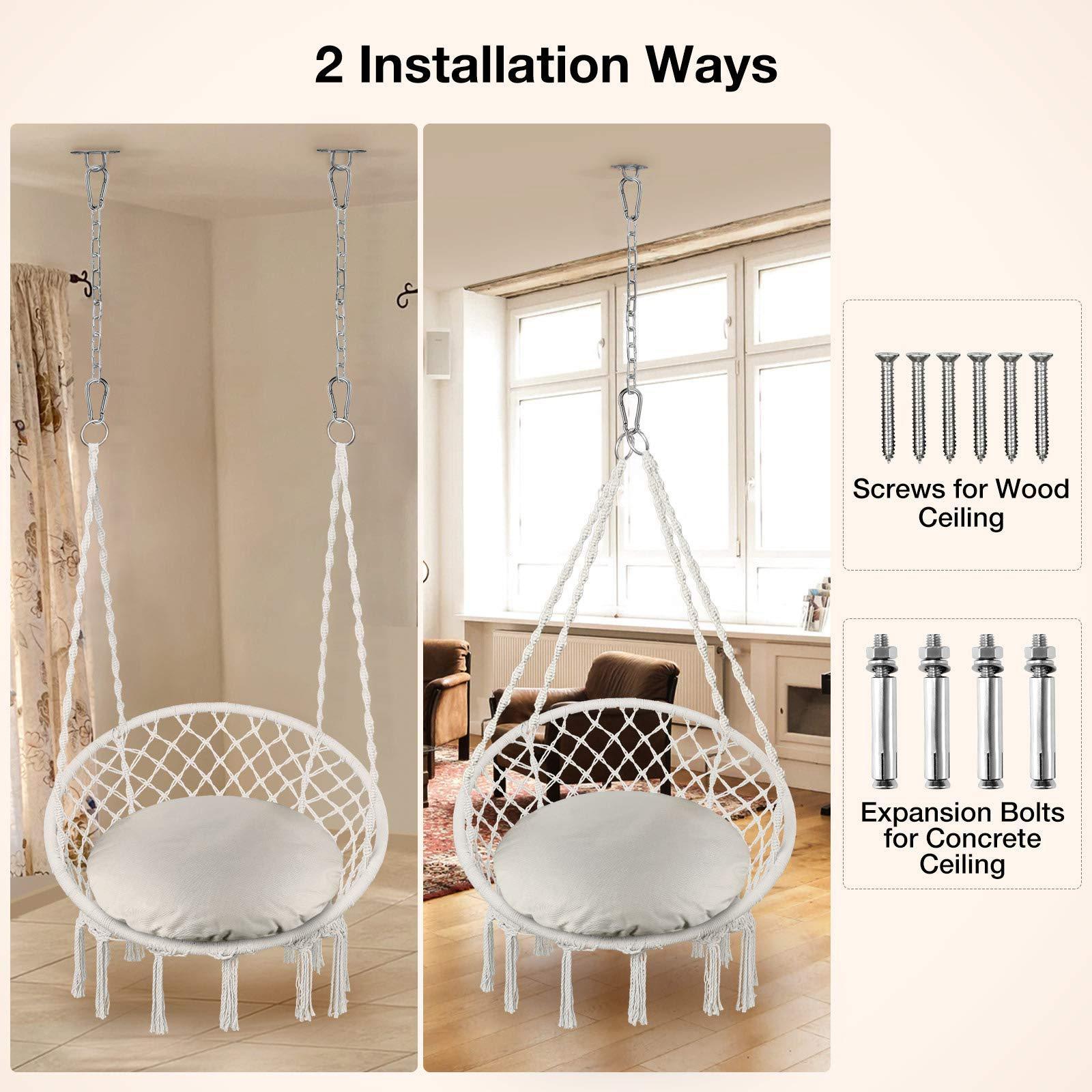 Comfortable Hanging Chairs Max 330 Lbs Macrame Swing Hammock Chair With Cushion and Hanging Hardware Kits