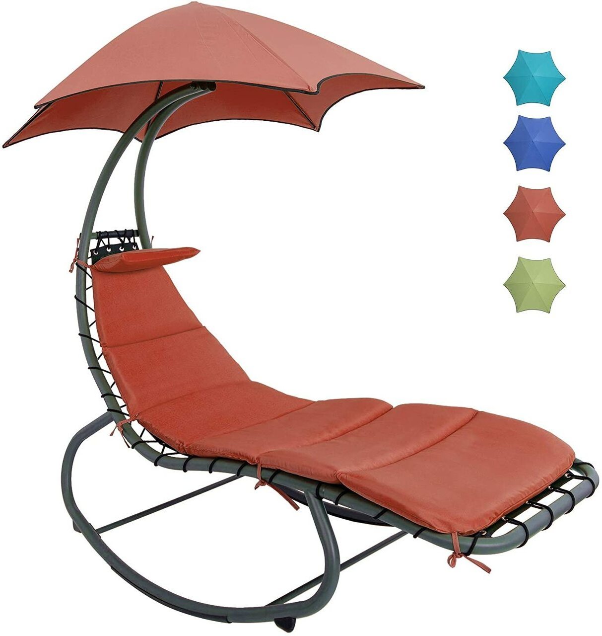 Outdoor Hanging Curved Steel Chaise Lounge Chair Hammock Chair With Built-in Pillow and Removable Canopy